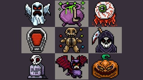 Pack of 9 Horror Halloween Pixel Art Icons, Vectorized and Editable.