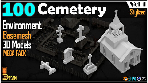 100 Cemetery Environment Basemesh 3D Models | Stylized | Vol 1