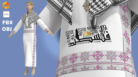 Female Dress with Kufiya and Palestine design, MD, Clo3d project + OBJ/FBX files