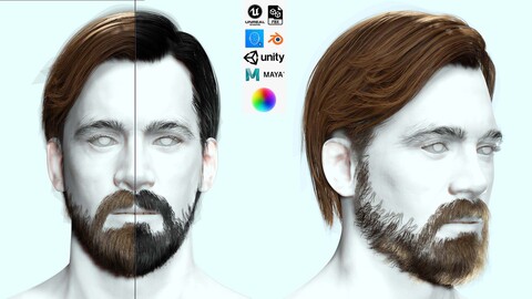 Classic Side Part Hair - Mustache - Beard Low-poly