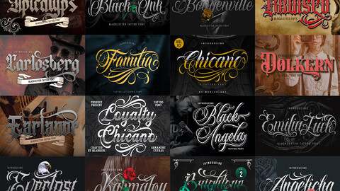 20 Premium Tattoo Fonts Bundle 15, Custom tattoos design, Logo Fonts, Blackletter Calligraphy, Photoshop Font, Procreate Font