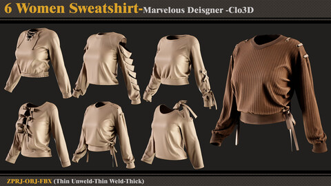 6 Women Sweatshirt /Marvelous Designer-Clo3D (ZPRJ + FBX + OBJ)