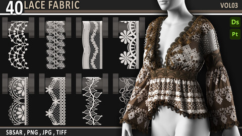 40 Lace Fabric Trim - VOL03 / SBSAR - PNG , JPG , TIFF (4k and 16 bit) / Height , Normal , AO , Opacity