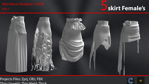 5 models of female's skirt (VOL1)- Marvelous & CLO3D- OBJ- FBX