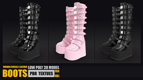 Women Buckle leather Boots Low-poly 3D model PBR Textures