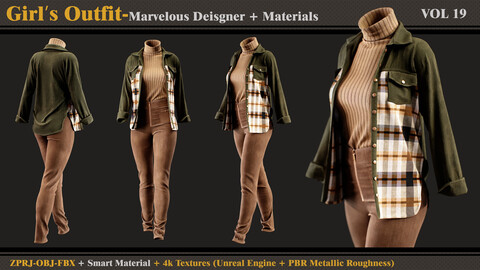 Girl's Outfit- Marvelous Designer/Clo3d + Smart Material + 4K Textures + OBJ + FBX (vol 19)