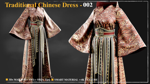 Traditional Chinese Dress 002 / Marvelous Designer / 4k Textures/Smart material / OBJ-FBX