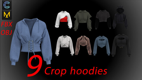 9 crop hoodies  (zprj files + obj + fbx + uvs +texture sets)