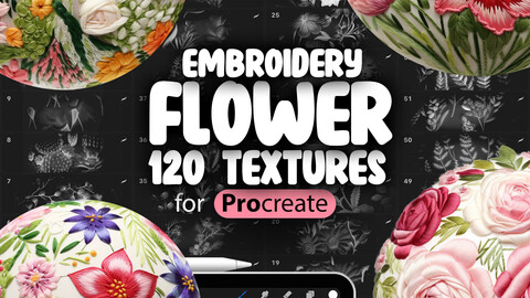 120 Procreate Flower Embroidery Fabric Textures | Flower Embroidery Textile Procreate Pattern Seamless Brushes | Procreate Floral Textures