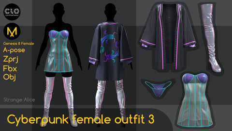 Cyberpunk female outfit 3. Clo3d, Marvelous Designer projects.