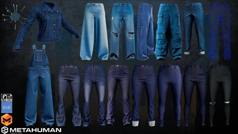 RETOPOLOGY female denim set 14 pieces of ALL TYPES jeans + jacket (metahuman avatar ZPRJ OBJ FBX,  8k textures)