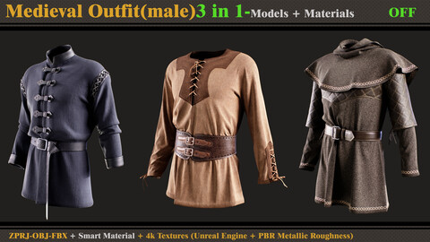 3 in 1 Medieval Outfit-MALE-MD/Clo3d (OBJ + FBX +ZPRJ) + Smart Material + Textures (SINGLE & PACK)