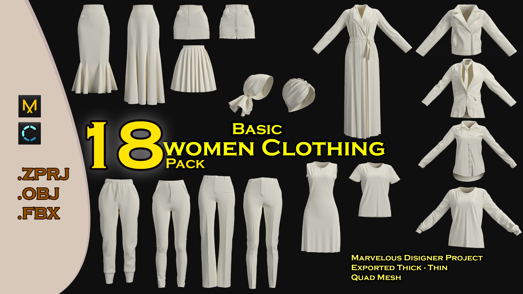 44 women basic clothing Mega Pack - Marvelous Designer project/  zprj-fbx-obj exported