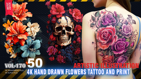 50 4K HAND DRAWN FLOWERS TATTOO AND PRINT ILLUSTRATION - HIGH END QUALITY RES - (TRANSPARENT & ALPHA) - VOL170