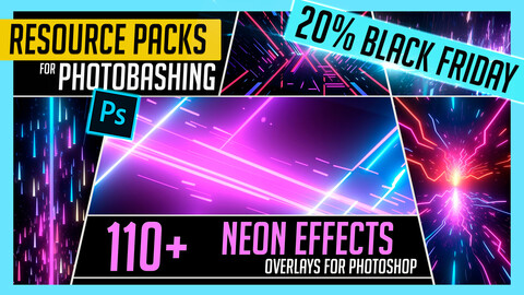 PHOTOBASH 110+ Neon Effects Overlays Resource Pack Photos for Photobashing in Photoshop