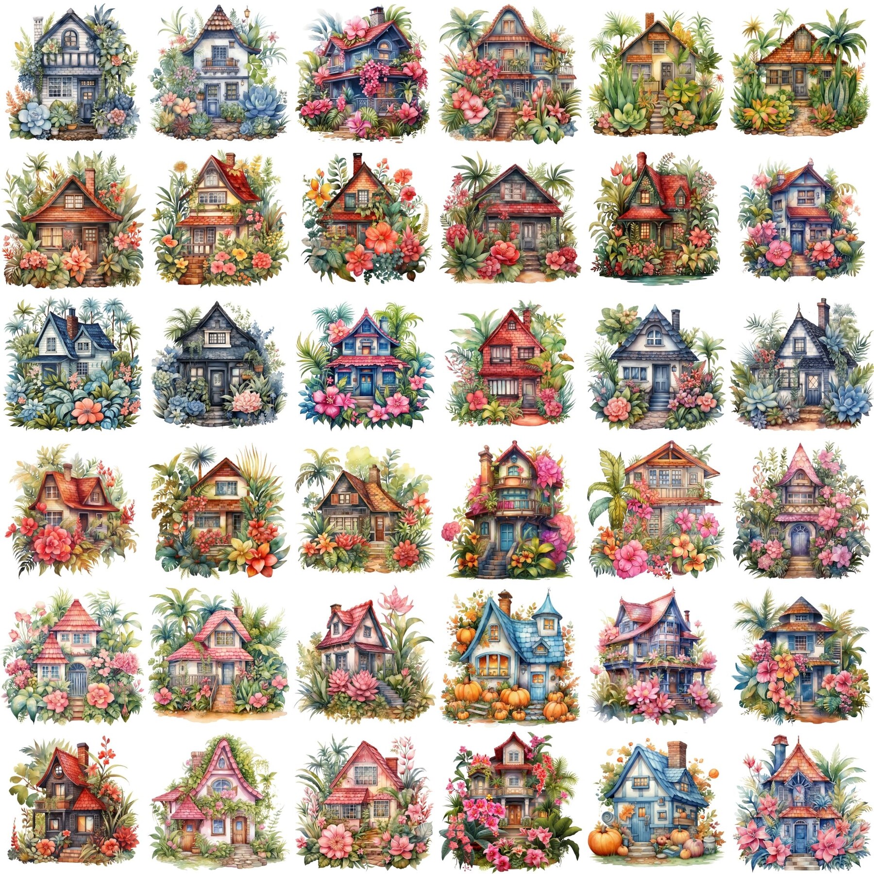 ArtStation - Watercolor clipart, house with roses, house with flowers ...