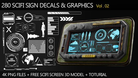 " 280 SCIFI Sign Decals & Graphics " (Vol.2) + Free Scifi Screen 3D Model + Tutorial