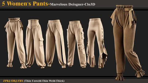 5 Women Pants /Marvelous Designer-Clo3D (ZPRJ + FBX + OBJ)