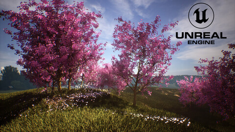 Blossom trees with rolling hill 3d scene