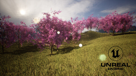 Blossom trees with rolling hill 3d scene