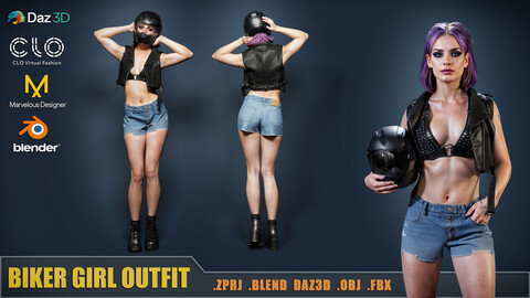 Biker Girl Outfit / MD, CLO3D, Daz Studio, Blender, .obj, .fbx