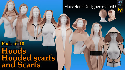 Pack of 10 Hoods and Hooded scarfs and scarfs (Marvelous Designer project file/ZPRG)