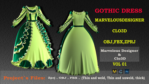 WOMAN`S GOTHIC DRESS DESIGNED BYE CLO3D AND MARVELOUSDESIGNER , VOL1 (OBJ,FBX,ZPRJ)