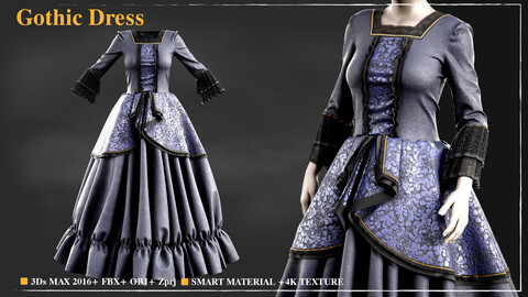 Gothic Dress 004 / Marvelous Designer / 4k Textures/Smart material