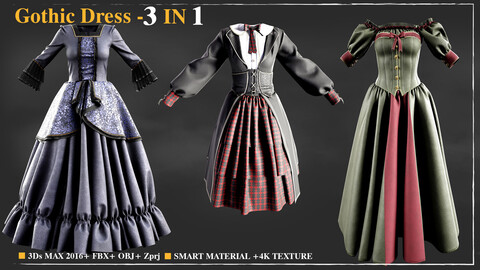 3 Gothic Dress / Marvelous Designer / 4k Textures/Smart material / OBJ-FBX