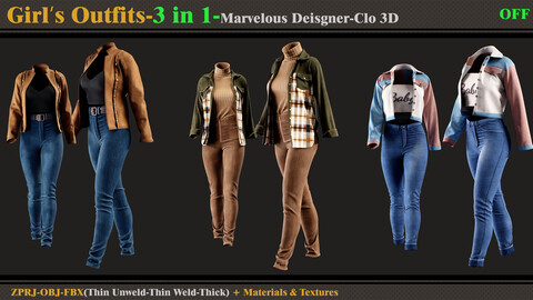 3 in 1 Girl's Outfits- MD/Clo3d (OBJ + FBX +ZPRJ)+Materials+Textures (vol6-OFF)
