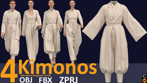 4 Kimono 3d models (VOl.02) Zprj, Fbx, OBJ