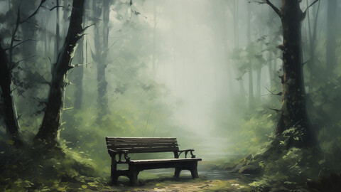 Solitary Bench in a Misty Forest - AI Art
