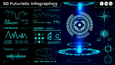 50 Futuristic Infographic Decals -Ai, Png, Jpg (Vol 2)