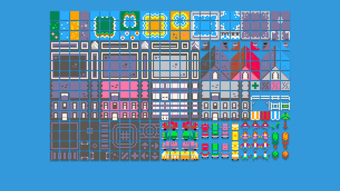 Pixel art 2d game city pack asset spread sheet