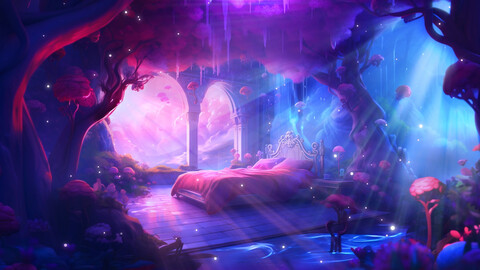 Magic bedroom with rays and flying particles