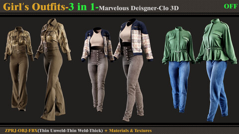 3 in 1 Girl's Outfits- MD/Clo3d (OBJ + FBX +ZPRJ)+Materials+Textures (vol7-OFF)