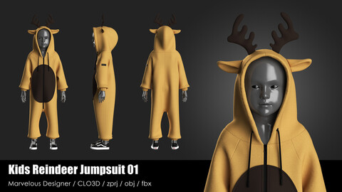 KIDS REINDEER JUMPSUIT 01  / CLO project file + obj + fbx