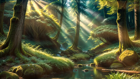 Forest landscape with a stream, mosquitoes and sun rays