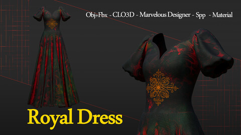 Royal Dress with materials [Obj+Fbx - CLO3D - Marvelous Designer - Spp - 4k Material]