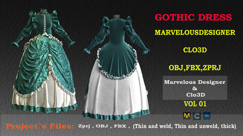 WOMAN`S GOTHIC DRESS DESIGNED BYE CLO3D AND MARVELOUSDESIGNER , VOL1 (OBJ,FBX,ZPRJ)