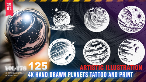 125 4K HAND DRAWN PLANETS AND SPACE TATTOO AND PRINT ILLUSTRATION - HIGH END QUALITY RES - (TRANSPARENT & ALPHA) - VOL178