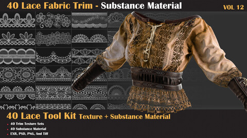 40 Lace Fabric Trim Pattern + Substance Tools - VOL 12