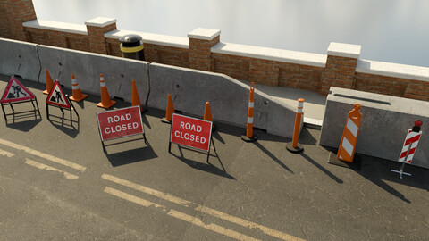 Road Traffic Cones signs and jersey barriers