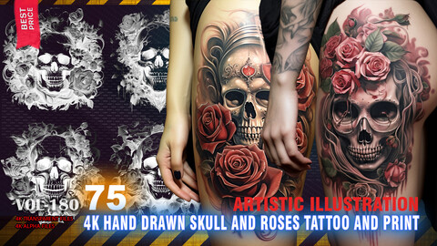 75 4K HAND DRAWN SKULL AND ROSES TATTOO AND PRINT - ARTISTIC ILLUSTRATION - HIGH END QUALITY RES - (TRANSPARENT & OPACITY) - VOL180
