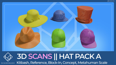 Hat Pack A | Scansmash | Scan based 3d models for Kitbash, Reference, Block-In, Concept. Metahuman Scale.