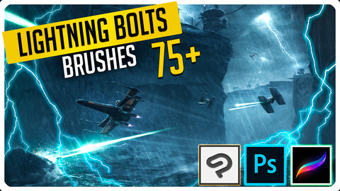 75+ Brushes Lighting bolt Effect for Photoshop, Procreate and Clip Studio. Improve your Digital Art and Concept Arts!