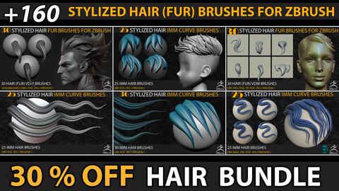 +160 Stylized Hair ( Fur ) IMM Curve Brushes + VDM Brushes For Zbrush Bundle ( 30% OFF )