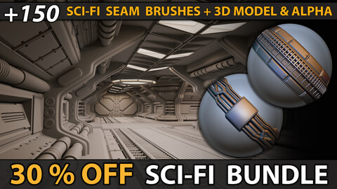 +150 Sci-fi Seam Brushes + 3D Model & Alpha Bundle ( 30% OFF )