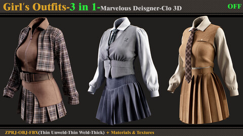 3 in 1 Girl's Outfits- MD/Clo3d (OBJ + FBX +ZPRJ)+Materials+Textures (vol8-OFF)