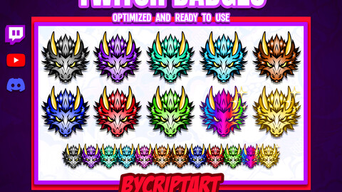 Dragon Twitch Badges, beast bit badges, got dragons embles, mythological animal, Video game stream, role playing stream